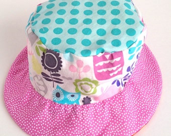 Toddler sun protective hat, bucket sun hat with flowers and owls, reversible