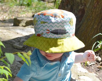 Baby boy bucket hat, sun protection with brim, reversible with fish