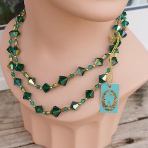 Vintage Old Stock Carole A California Creator Of Fashion Jewelry Iridescent Emerald and Gold Tone Necklace, Earrings Original Hang Tag