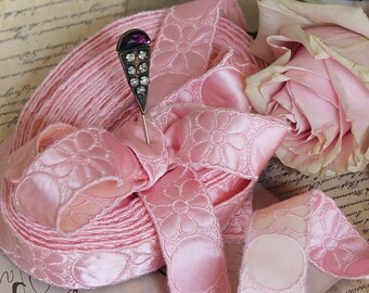 4 Yards Stitched Embroidered Quilted Satin Trim in Rose Petal Pink Color Vintage
