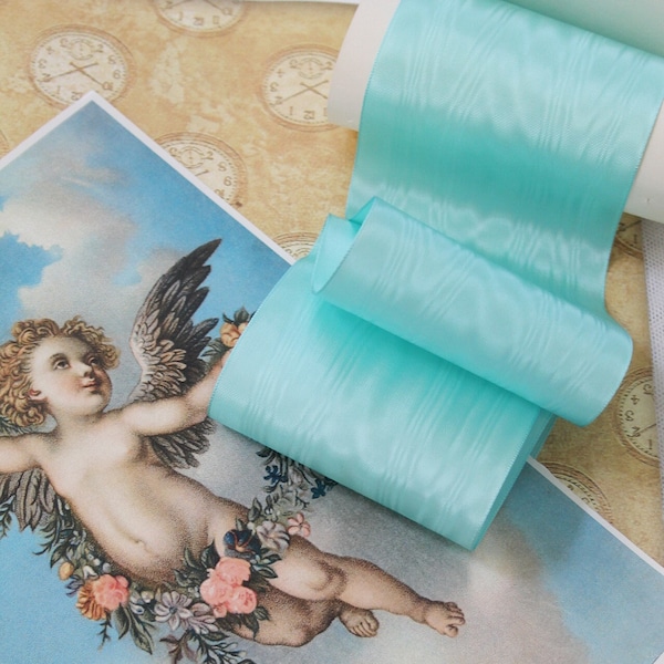 1 Yard Continuous Length of Vintage Aqua Moire Ribbon Perfect for Accenting Antique Dolls and Bears