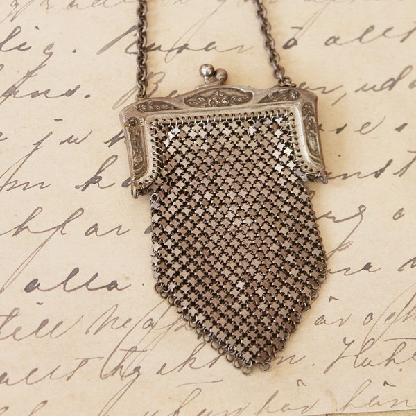 Silver Mesh Link Purse with Chain Handle for Antique Doll or Bear