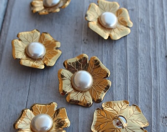 Five Brass and Faux Pearl Blossom Flower Buttons Vintage European Find DL1066