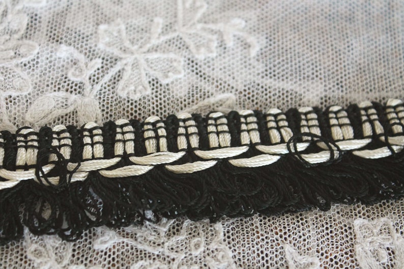 Vintage European Gimp or Fringe White and Black 7 Yards Continuous Length