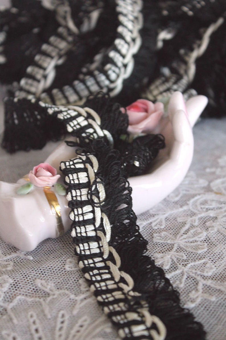 Vintage European Gimp or Fringe White and Black 7 Yards Continuous Length