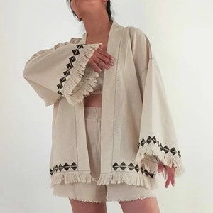 Kimono Long Femme à Franges Mandala - Coton 100% Oversized Taille 4X - Boho Hippie Fait Main - Neuf Avec Étiquettes