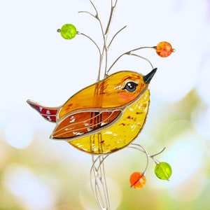 Wren stained glass window hangings, Mother in law gift, Carolina wren stained glass suncatcher, Bird ornament, Yard art, South Carolina
