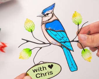 Blue Jay glas-in-lood raamdecoratie, overgrootmoeder cadeaus, gedenkteken ornament vogel glas-in-lood suncatcher, schoonmoeder geschenken