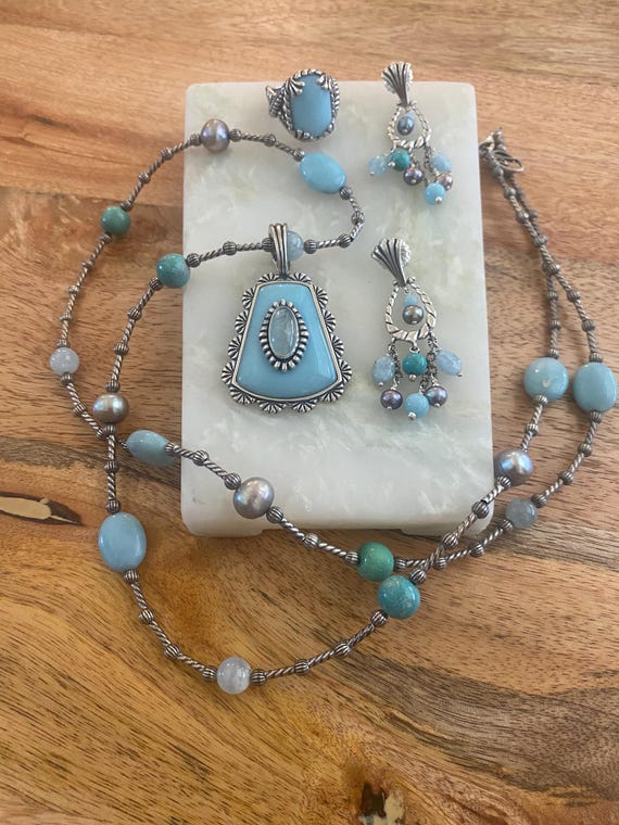 Vintage Carolyn Pollack im Ruhestand Sterling Large Larimar und Turkis Schmuck Set Passende Ohrringe Halsanhanger Kette Ring s9 Etsy