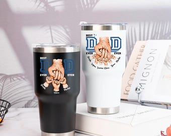 Dad Fist Bump Kids Names Tumbler, Father's Day Gift for Daddy, Laser Engraved 30oz Stainless Steel Mug, Custom Dad Tumbler, Grandpa Gift