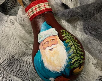 Hand Painted Christmas Ornament on Salvaged Burnt Out Light Bulb - Victorian Santa 3