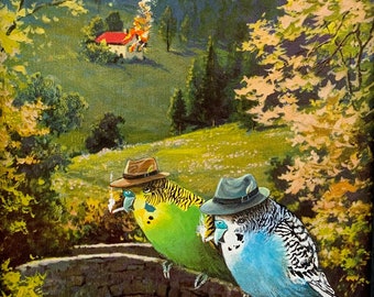 Original 2024 David Irvine ReDirected Thrift Store framed Painting "Giant Hired Budgies After a Hit"