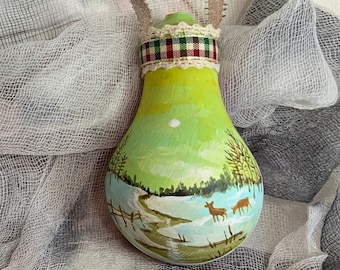 Hand Painted Christmas Ornament on Salvaged Burnt Out Light Bulb - Deer and Full Moon- New for 2023