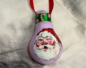 Hand Painted Christmas Ornament on Salvaged Burnt Out Light Bulb - Winking Santa pastel lilac- New for 2023