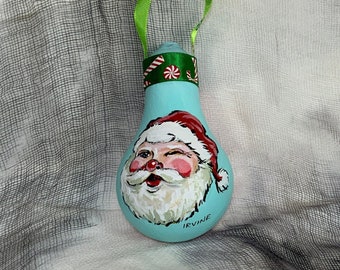 Hand Painted Christmas Ornament on Salvaged Burnt Out Light Bulb - Winking Santa pastel teal- New for 2023