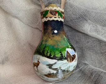 Hand Painted Christmas Ornament on Salvaged Burnt Out Light Bulb - Full Moon over the Meadow- New for 2023