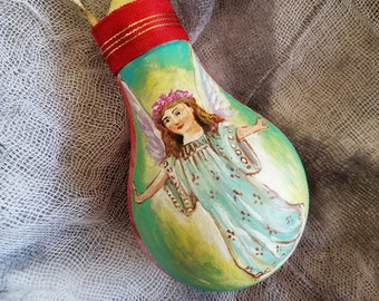 Hand Painted Ornament on Salvaged Burnt Out Light Bulb for Christmas - angel