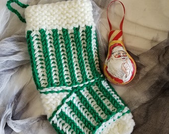 Hand Knitted Stocking #7(to Store/Protect Light Bulb Ornament) ornament is shown for scale and is not included.