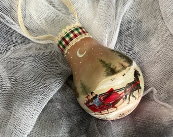 New for 2022-Hand Painted Christmas Ornament on Salvaged Burnt Out Light Bulb -Rushing Home for Christmas