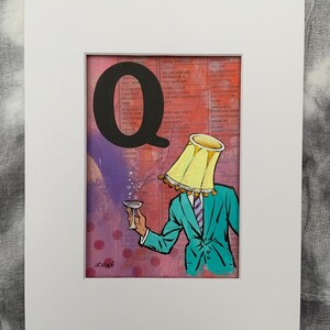 Peinture originale - oeuvre d'art de carte flash alphabet irrévérencieux - Q est pour fêtard