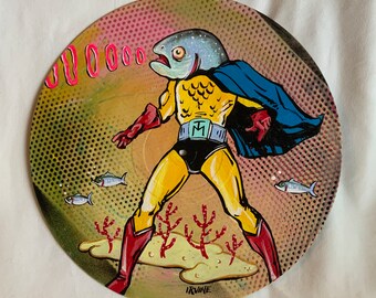 Original Painting on Reclaimed Vinyl Record by David Irvine of The Gnarled Branch - "Trout Man Protector of the Seas Unleashed a Warning "