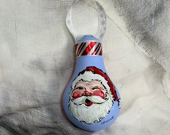 Hand Painted Christmas Ornament on Salvaged Burnt Out Light Bulb - Winking Santa pastel blue- New for 2023