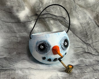 Hand Painted Christmas Ornament  "Snowman with Pipe mini Treat Pail"  2023 by David Irvine  -  Snowman #4