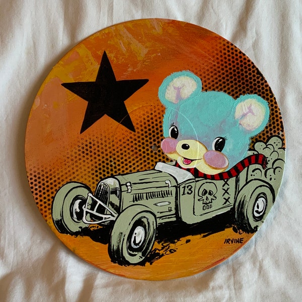 Original Painting on Reclaimed Vinyl Record by David Irvine of The Gnarled Branch - "Kip Goes for a Ride"