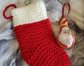 Hand Knitted Stocking #9 (to Store/Protect Light Bulb Ornament) ornament is shown for scale and is not included.