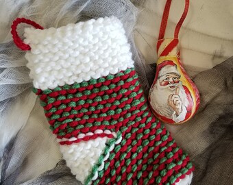 Hand Knitted Stocking #3 (to Store/Protect Light Bulb Ornament) ornament is shown for scale and is not included.