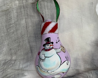 Hand Painted Christmas Ornament on Salvaged Burnt Out Light Bulb - Snowman pastel lilac- New for 2023