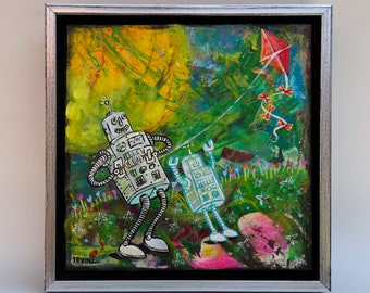 Original Robot Painting by David Irvine - Hold on Tight
