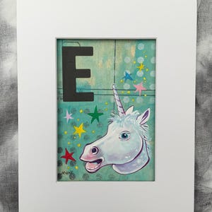 Peinture originale - oeuvre d'art alphabet irrévérencieuse - E est pour licorne
