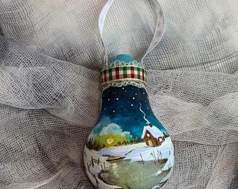 Hand Painted Christmas Ornament on Salvaged Burnt Out Light Bulb - Cabin at Frozen Pond- New for 2023