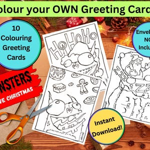 Baixe Cartões de felicitações para colorir para imprimir - Monstros amam o Natal - Desenhado à mão por David Irvine