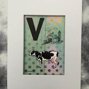 Peinture originale - oeuvre d'art alphabet irrévérencieuse - V est pour vache