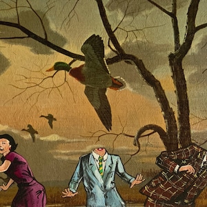 May include: A painting depicting a group of people running away from a flock of ducks flying overhead. The scene is set in a wooded area with a large tree in the center. The people are dressed in casual clothing and appear to be in a state of panic. The ducks are flying in a chaotic formation, and their wings are spread wide. The painting is done in a realistic style, and the colors are muted and earthy.