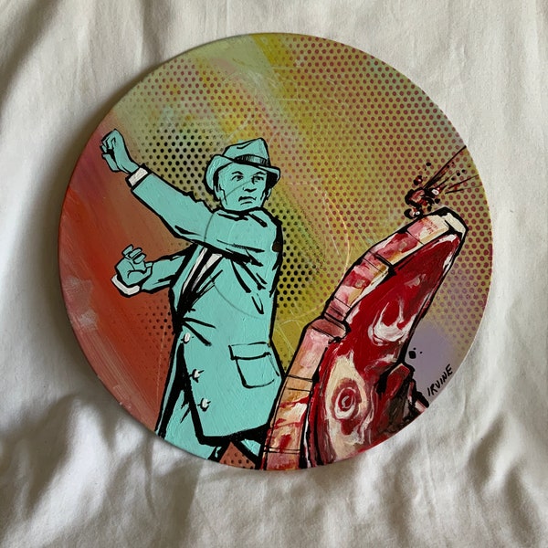 Original Painting on Reclaimed Vinyl Record by David Irvine  - "Settling an Old Beef"