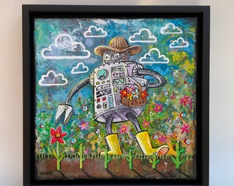 Original Robot Painting by David Irvine - Picking Posies