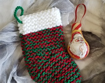 Hand Knitted Stocking #5 (to Store/Protect Light Bulb Ornament) ornament is shown for scale and is not included.