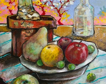 Original David Irvine Painting  of the The Gnarled Branch  entitled "Amaryllis and Fruit"