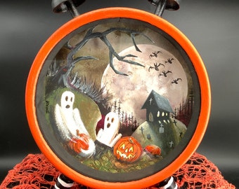 Reduced!! Hallowe'en Time - spooky diorama created within salvaged clock featuring ghosts, pumpkins and haunted house