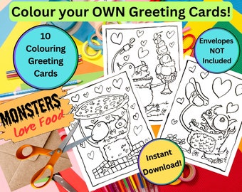 Download Printable Colouring Greeting Cards - Monsters Love Food - Hand drawn by David Irvine