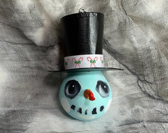 Hand Painted Christmas Ornament 2023 by David Irvine on Salvaged Burnt Out Light Bulb -Snowman in Top Hat #4