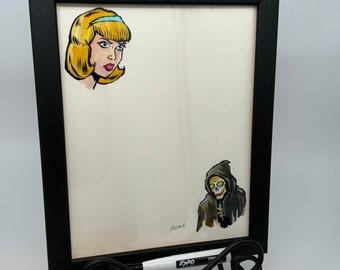 Dry Erase Message Board with Blonde Girl  and  Reaper 11.5" x 9.5" ( 29cm x 24cm)
