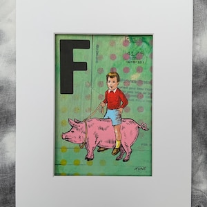 Peinture originale - oeuvre d'art alphabet irrévérencieuse - F est pour cochon