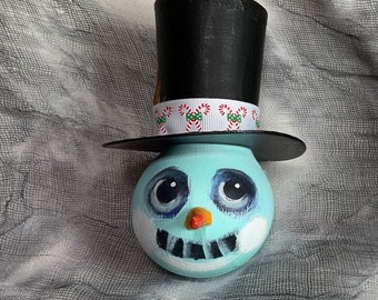 Hand Painted Christmas Ornament 2023 by David Irvine on Salvaged Burnt Out Light Bulb -Snowman in Top Hat #5