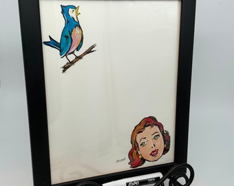 Dry Erase Message Board with Bird  and Woman 11.5" x 9.5" ( 29cm x 24cm)