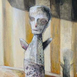 May include: A painting of a person with a long neck and a patterned dress. The person is standing in front of a striped background. The painting is signed "IRVINE" in the bottom left corner.