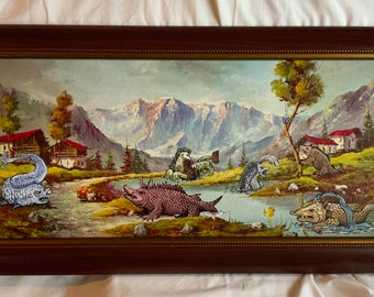 Original 2024 David Irvine ReDirected Thrift Store framed Painting "Medieval Map Sea Monsters Enjoying Weekend Retreat"